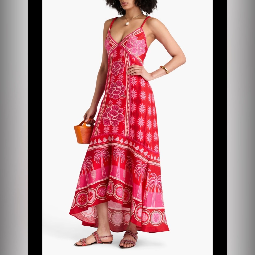 Farm Rio Crochet Trimmed Printed Linen Maxi Dress